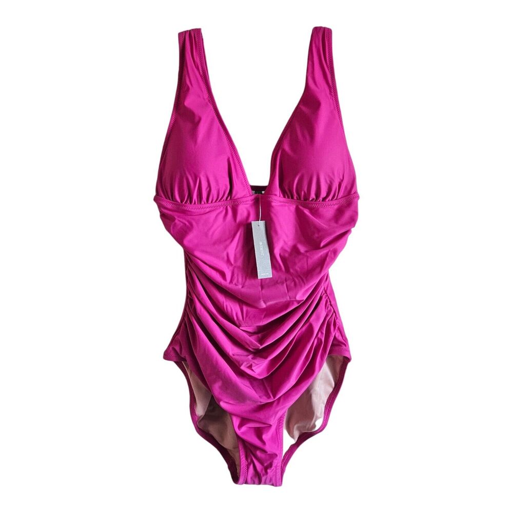 J. CREW Women's 2 Swimsuit 1 Piece V-Neck Wide Strap Ruched Radiant Fuchsia NEW